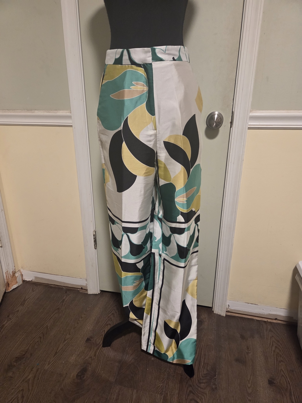 Zara Wide Leg Patterned Pants in Teal, Yellow, Black & Cream
